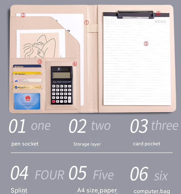 A4 PU Leather Business Portfolio with Ring Binder, Calculator & 40 Sleeves grey and black