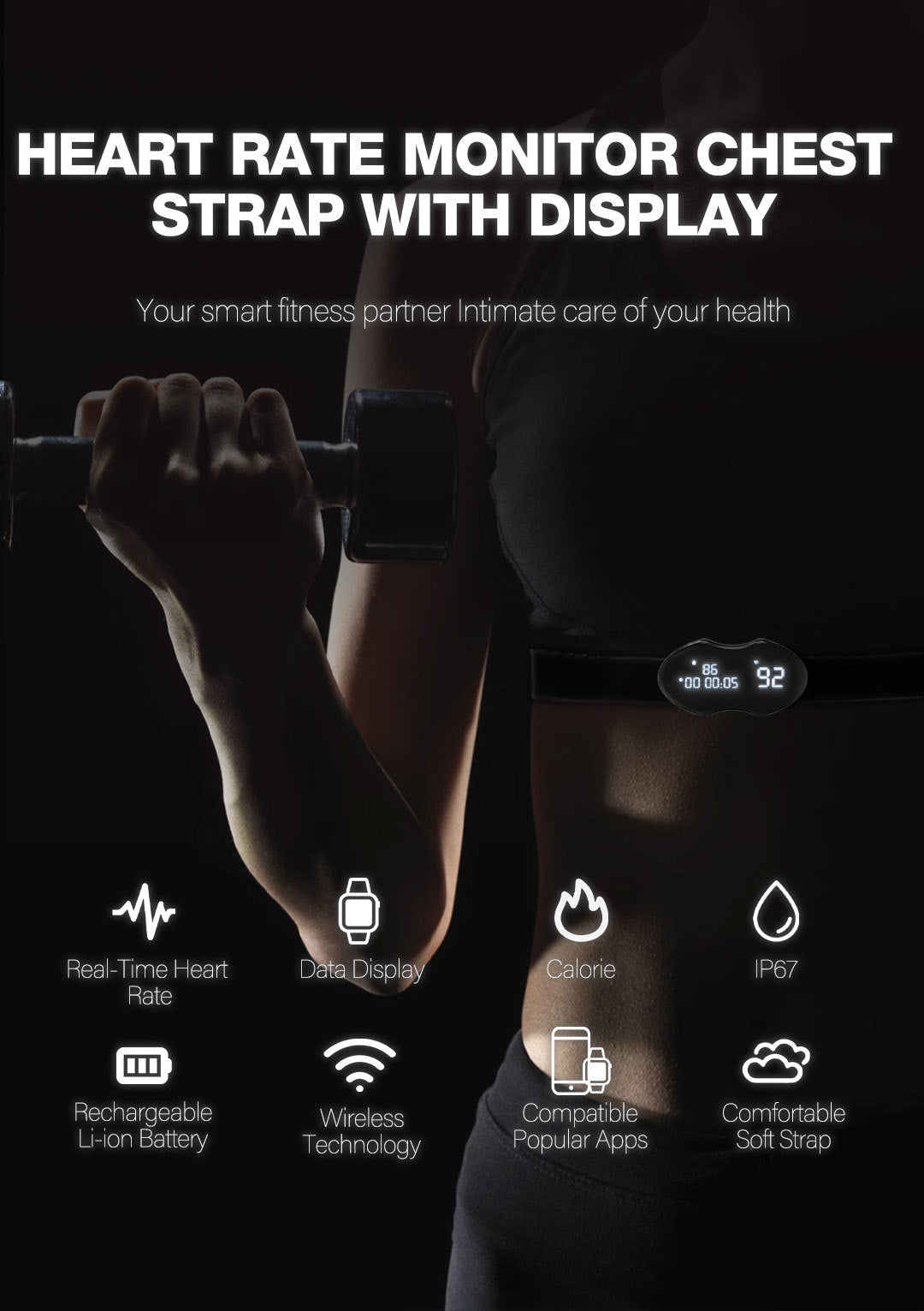 Smart Fitness Heart Rate Monitor Chest Strap with Data Display - IP67 Waterproof, Rechargeable, BLE & ANT+ black