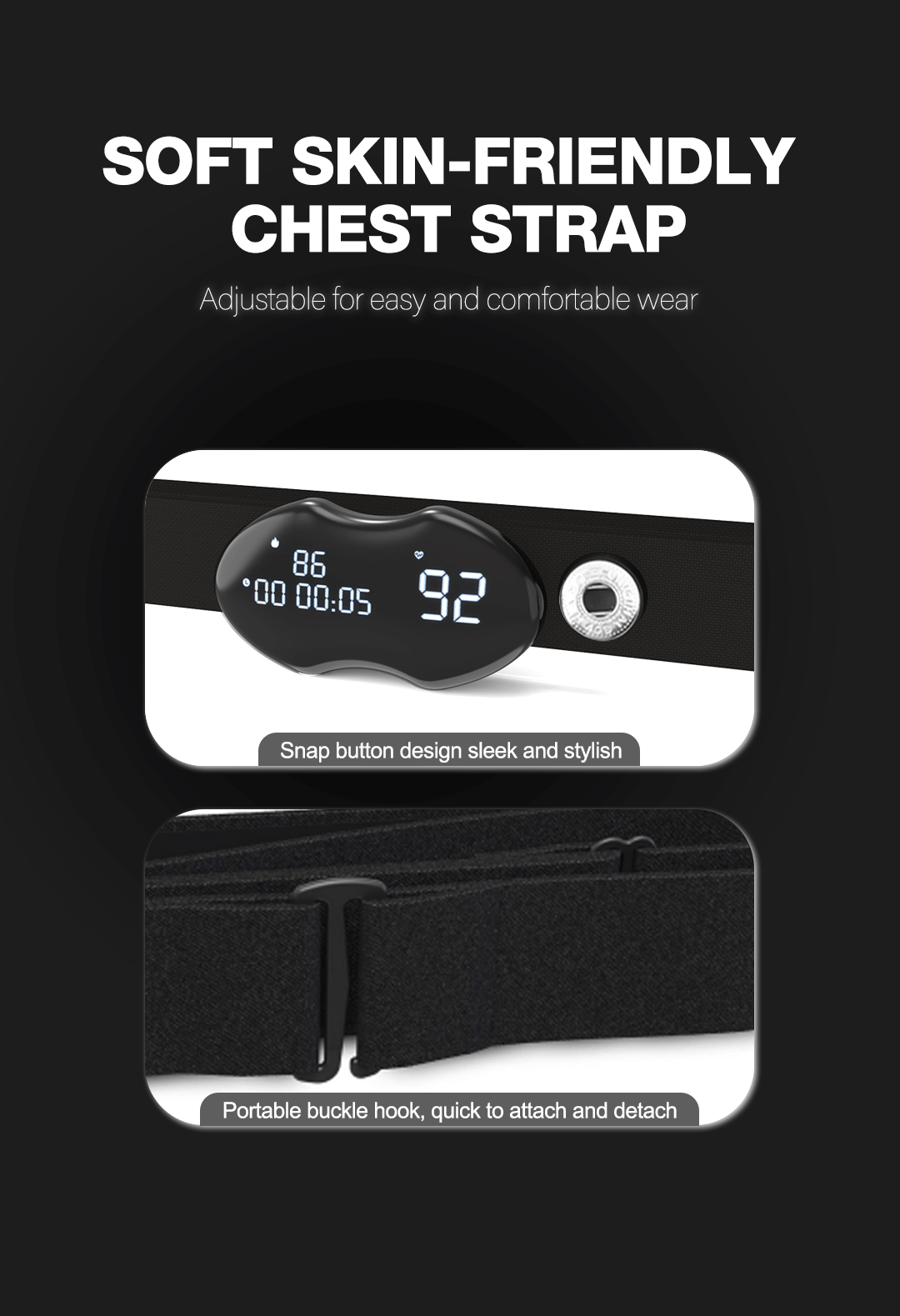 Smart Fitness Heart Rate Monitor Chest Strap with Data Display - IP67 Waterproof, Rechargeable, BLE & ANT+ black