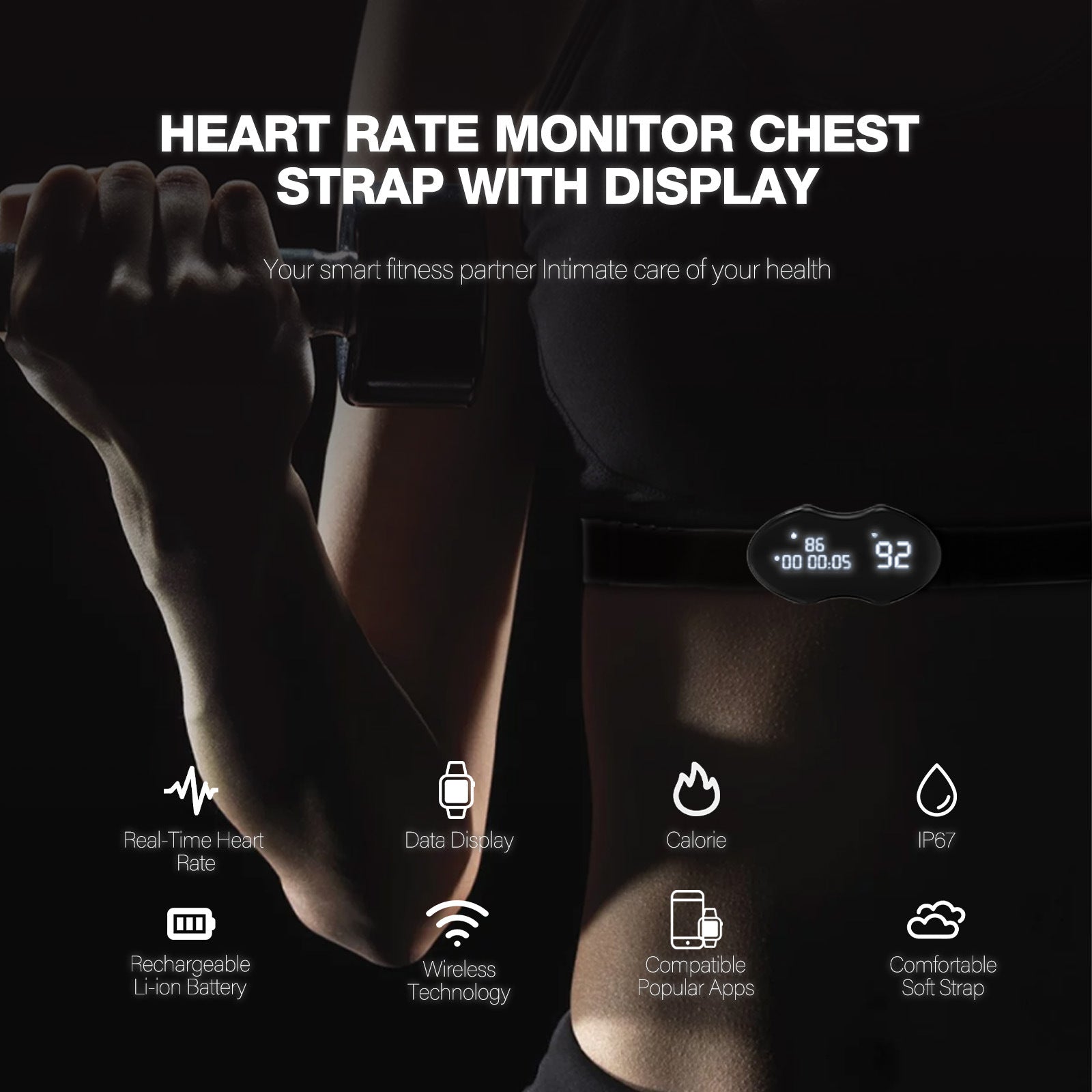 Smart Fitness Heart Rate Monitor Chest Strap with Data Display - IP67 Waterproof, Rechargeable, BLE & ANT+ black