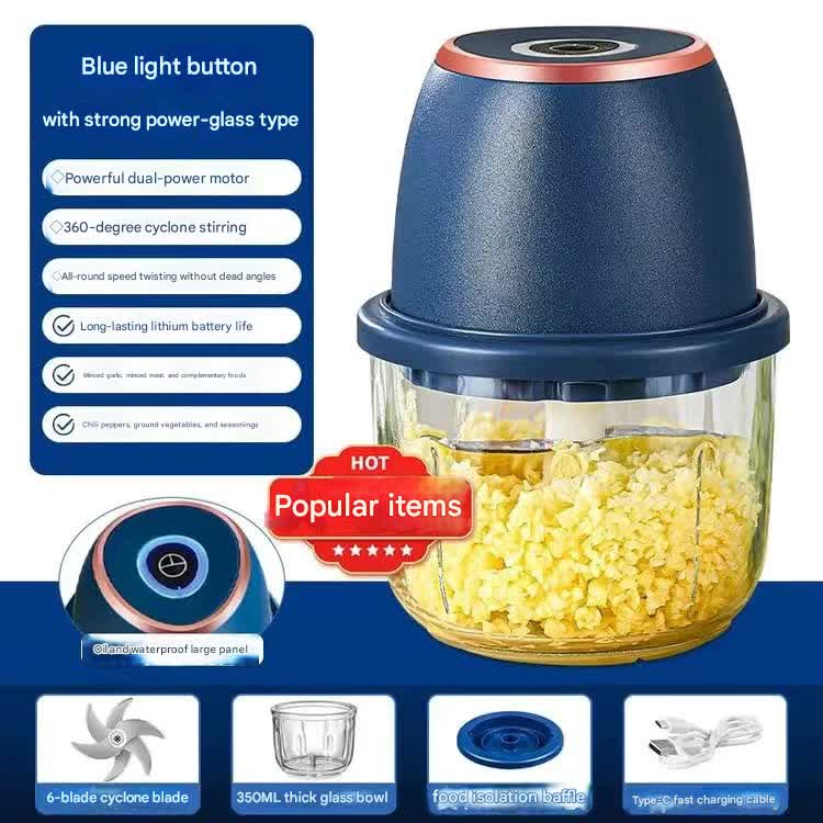 Electric Mini Garlic Chopper with Glass Bowl - USB Rechargeable, 6 Blades, Large Capacity blue