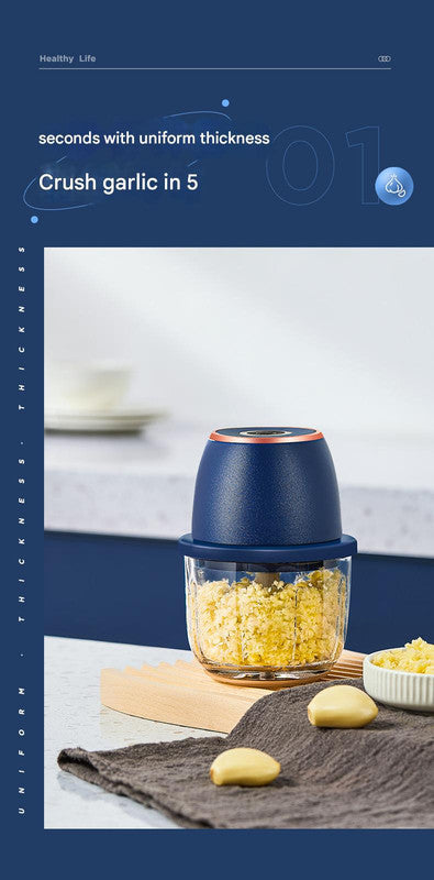 Electric Mini Garlic Chopper with Glass Bowl - USB Rechargeable, 6 Blades, Large Capacity blue