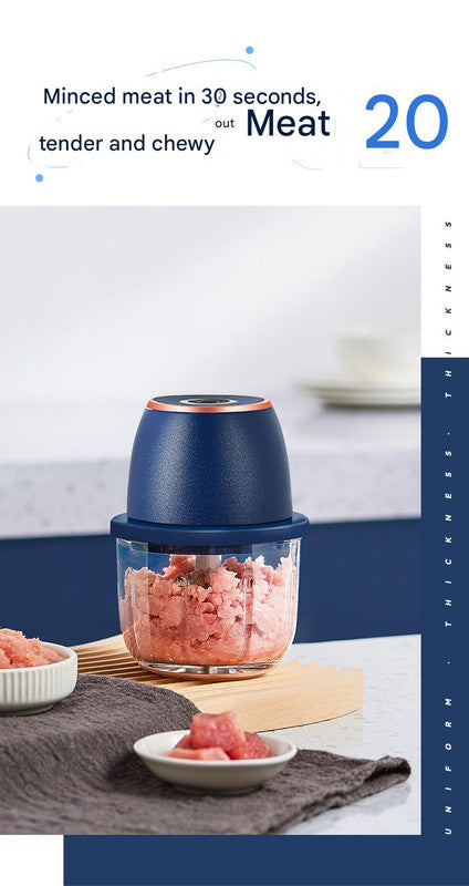 Electric Mini Garlic Chopper with Glass Bowl - USB Rechargeable, 6 Blades, Large Capacity blue