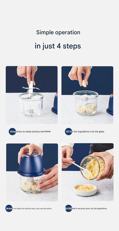 Electric Mini Garlic Chopper with Glass Bowl - USB Rechargeable, 6 Blades, Large Capacity blue