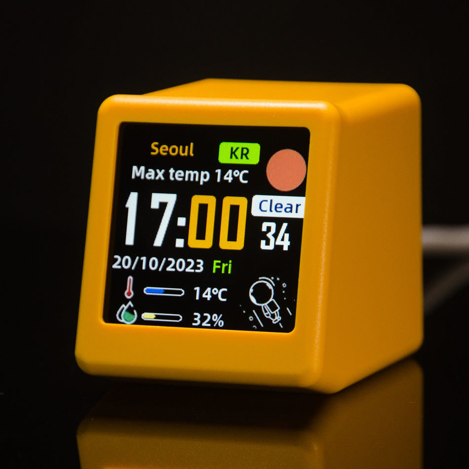 2pc Mini Smart Wi-Fi Weather Station Clock - Desktop Digital Clock with HD IPS Screen, Customizable GIF Display & 3-Day Forecast Yellow
