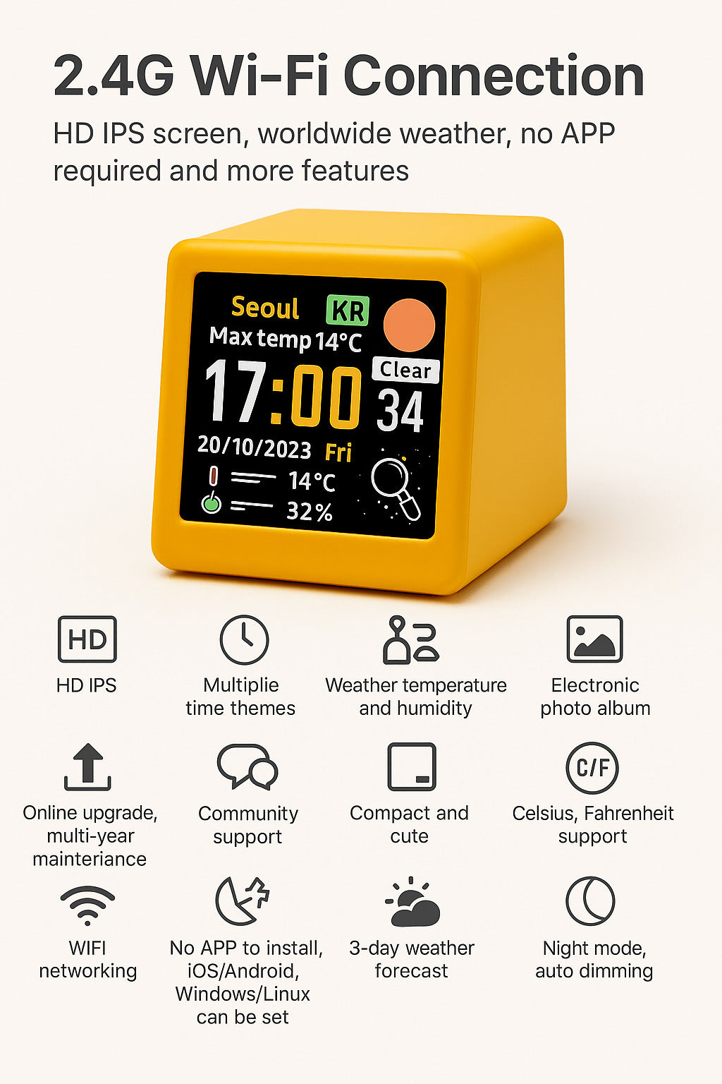 2pc Mini Smart Wi-Fi Weather Station Clock - Desktop Digital Clock with HD IPS Screen, Customizable GIF Display & 3-Day Forecast Yellow