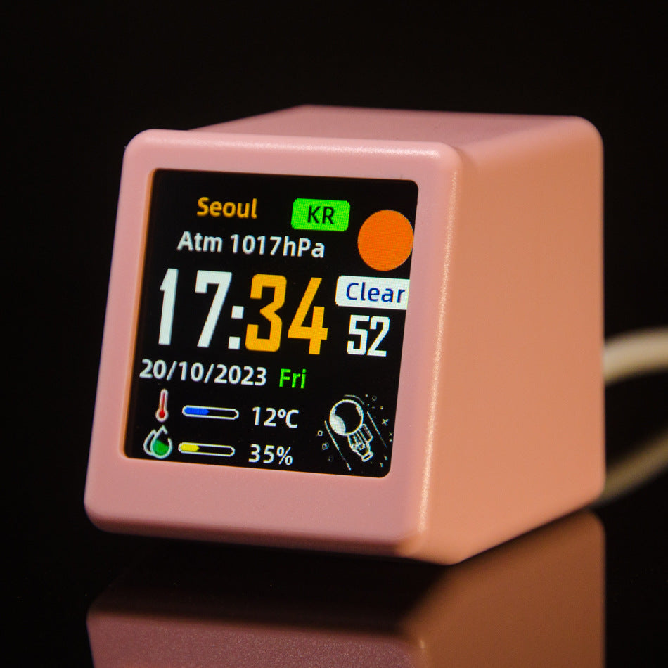 2pc Mini Smart Wi-Fi Weather Station Clock - Desktop Digital Clock with HD IPS Screen, Customizable GIF Display & 3-Day Forecast Pink