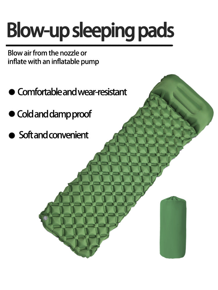 2pc Ultralight Inflatable Camping Sleeping Mat with Integrated Pillow - Waterproof 40D Nylon TPU Army Green