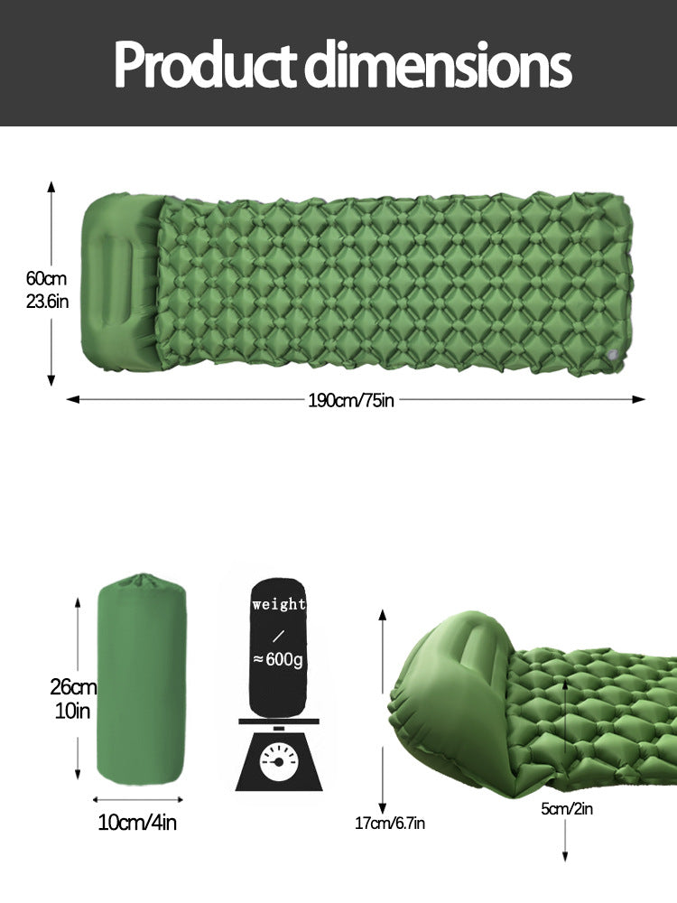 2pc Ultralight Inflatable Camping Sleeping Mat with Integrated Pillow - Waterproof 40D Nylon TPU Army Green