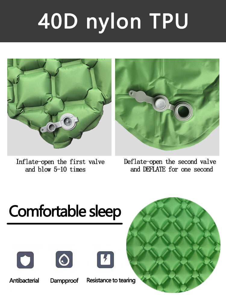 2pc Ultralight Inflatable Camping Sleeping Mat with Integrated Pillow - Waterproof 40D Nylon TPU Army Green