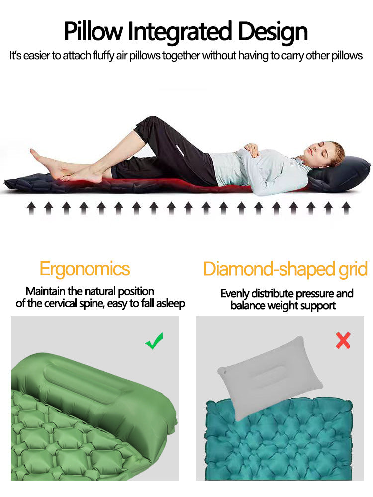 2pc Ultralight Inflatable Camping Sleeping Mat with Integrated Pillow - Waterproof 40D Nylon TPU Army Green