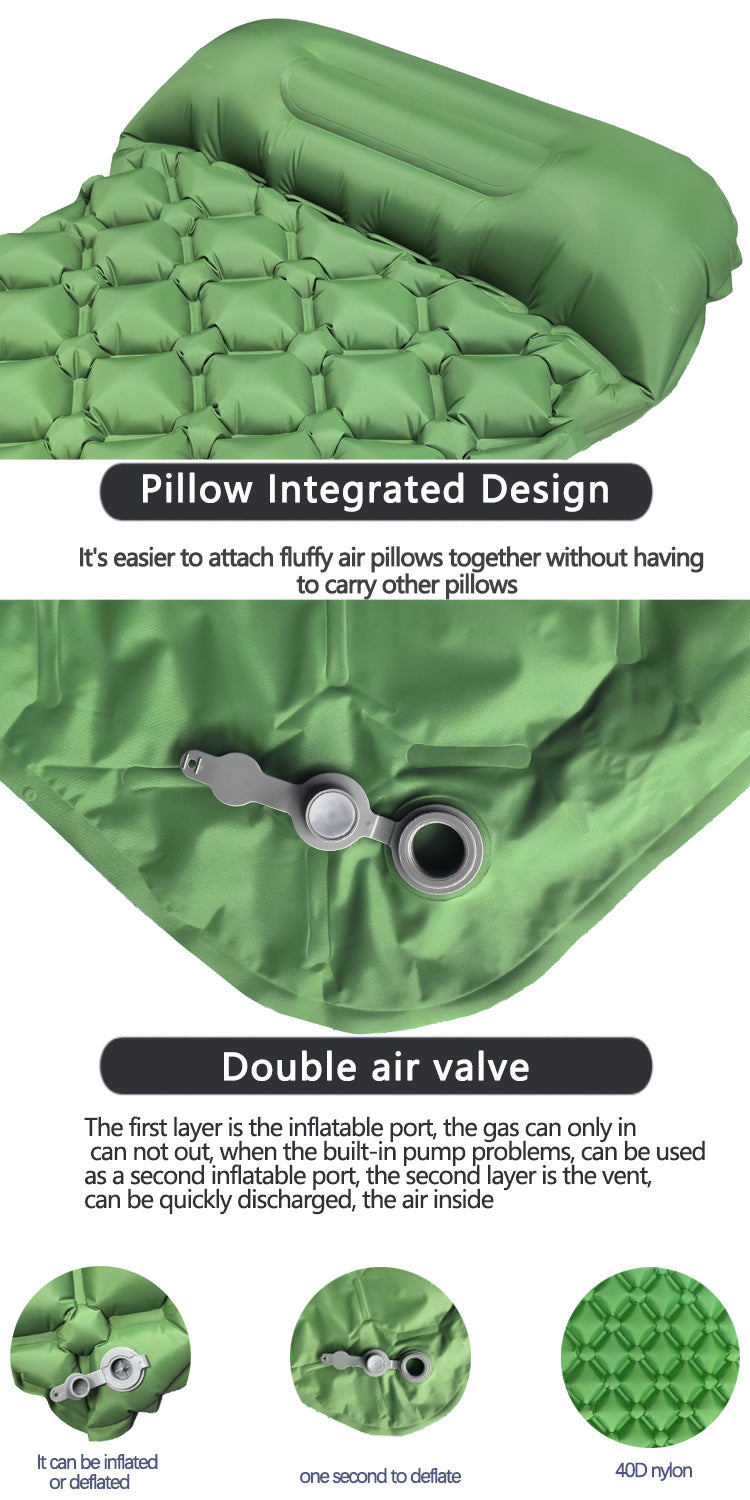 2pc Ultralight Inflatable Camping Sleeping Mat with Integrated Pillow - Waterproof 40D Nylon TPU Army Green