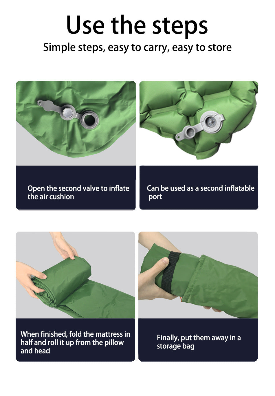 2pc Ultralight Inflatable Camping Sleeping Mat with Integrated Pillow - Waterproof 40D Nylon TPU Army Green