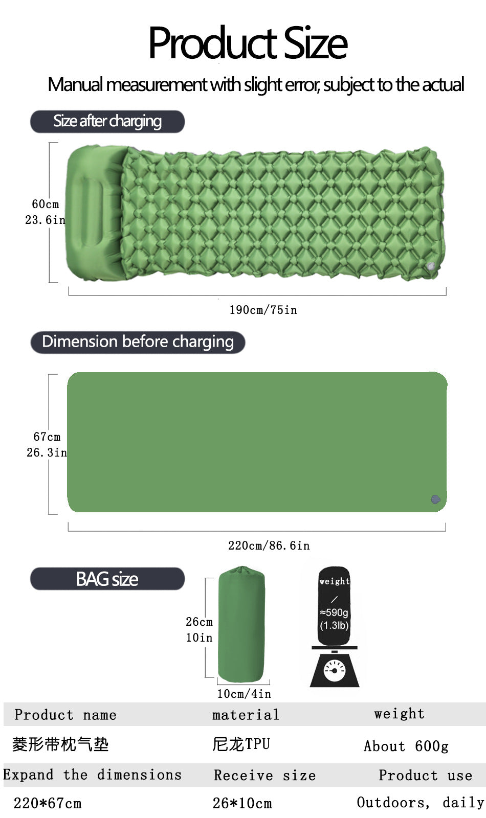 2pc Ultralight Inflatable Camping Sleeping Mat with Integrated Pillow - Waterproof 40D Nylon TPU Camouflage