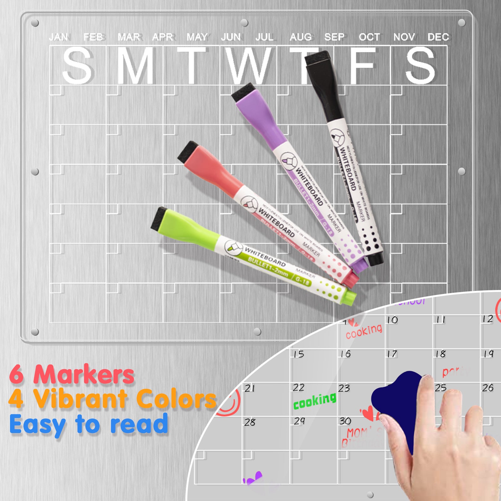 Magnetic Acrylic Fridge Calendar & Memo Board Set - Dry Erase Planner with Markers & Eraser 43*30cm 3mm
