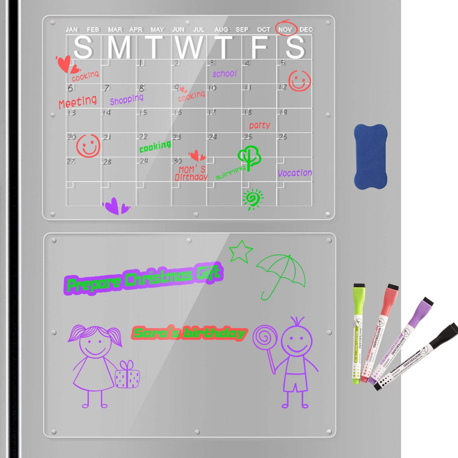 Magnetic Acrylic Fridge Calendar & Memo Board Set - Dry Erase Planner with Markers & Eraser 43*30cm 3mm