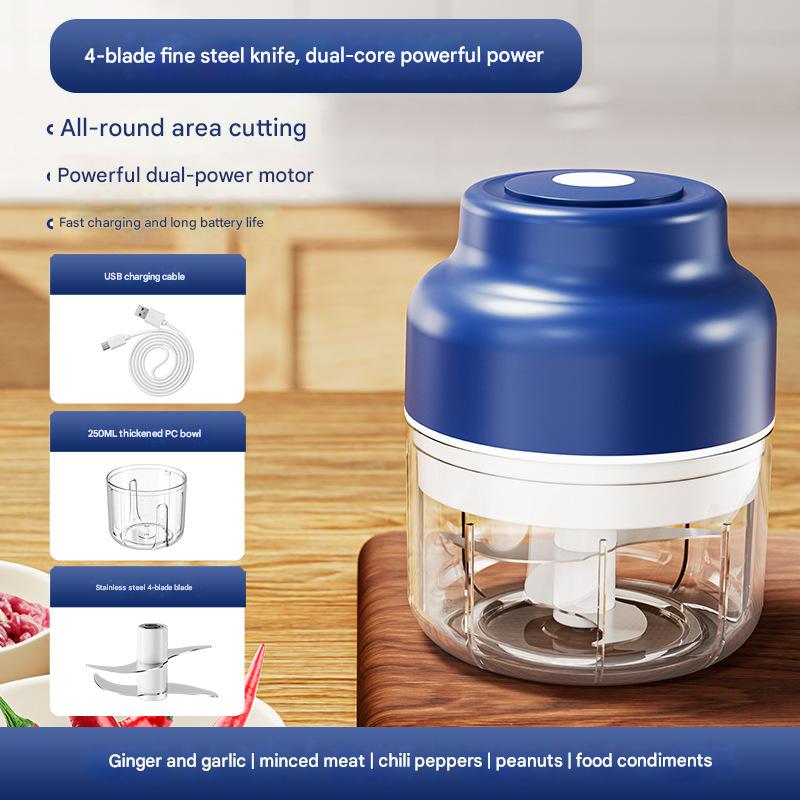 Powerful Mini Electric Food Chopper - USB Rechargeable Cordless Garlic & Meat Mincer Blue 250ml + 4-blade knife