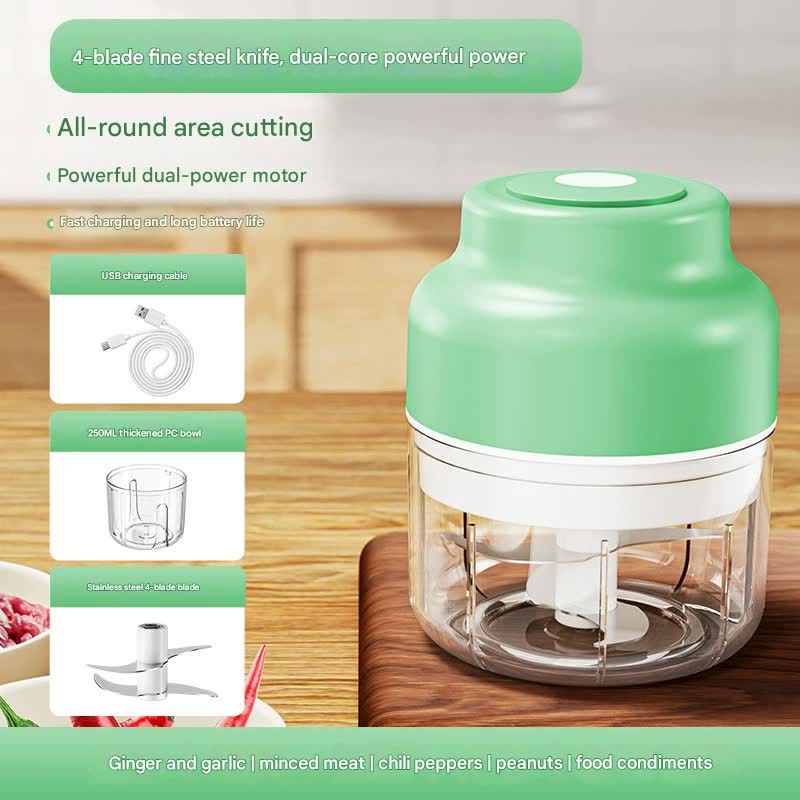Powerful Mini Electric Food Chopper - USB Rechargeable Cordless Garlic & Meat Mincer green 250ml + 4-blade knife