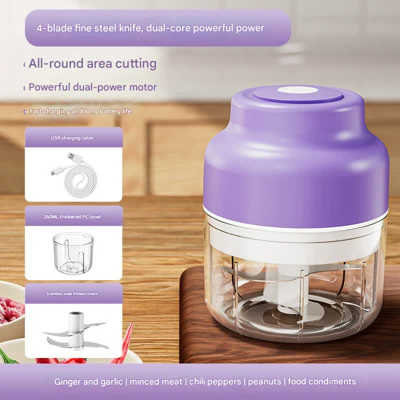 Powerful Mini Electric Food Chopper - USB Rechargeable Cordless Garlic & Meat Mincer purple 250ml + 4-blade knife