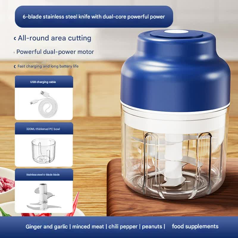 Powerful Mini Electric Food Chopper - USB Rechargeable Cordless Garlic & Meat Mincer Blue 320ml + 6-blade knife