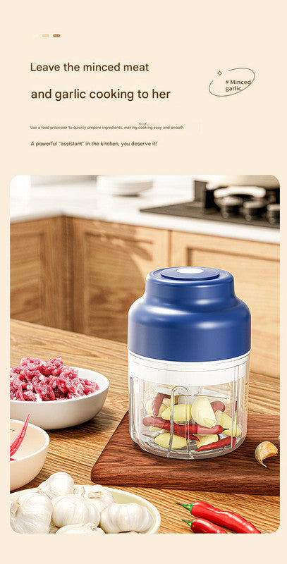 Powerful Mini Electric Food Chopper - USB Rechargeable Cordless Garlic & Meat Mincer Blue 320ml + 6-blade knife