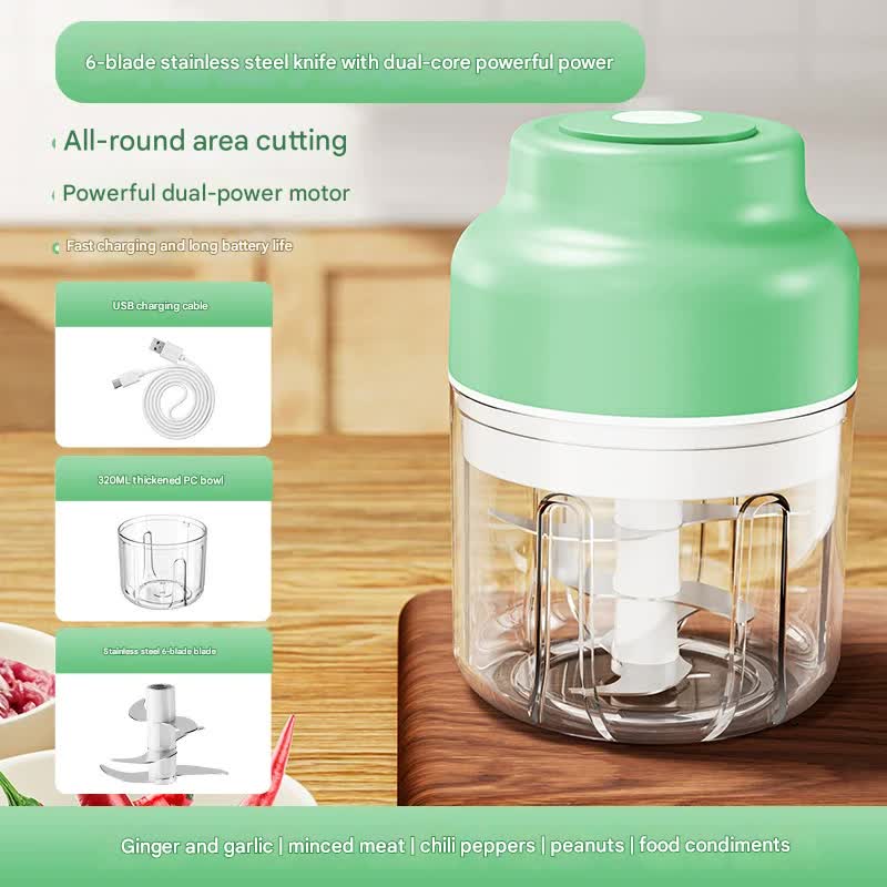Powerful Mini Electric Food Chopper - USB Rechargeable Cordless Garlic & Meat Mincer green 320ml + 6-blade knife