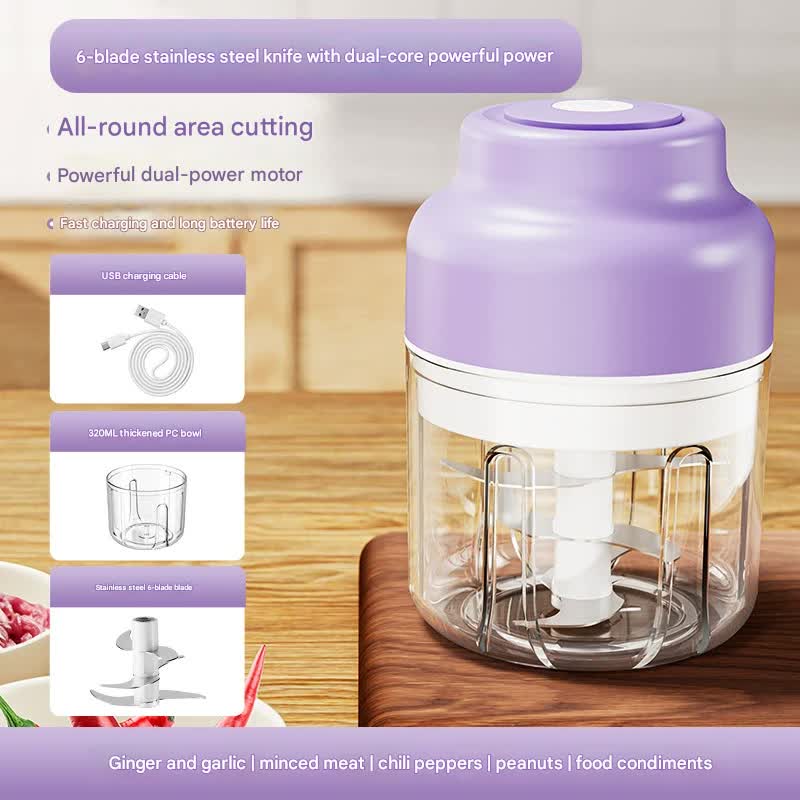 Powerful Mini Electric Food Chopper - USB Rechargeable Cordless Garlic & Meat Mincer purple 320ml + 6-blade knife