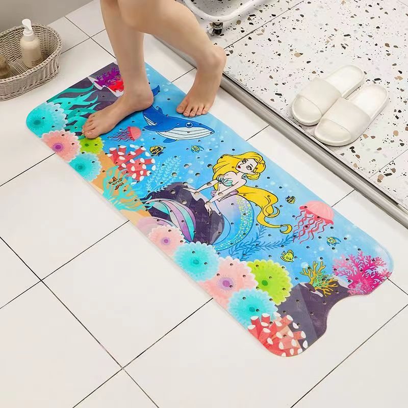 Non-Slip PVC Bath & Shower Mat with Suction Cups and Drainage Holes - Cartoon Ocean Theme Blonde Mermaid