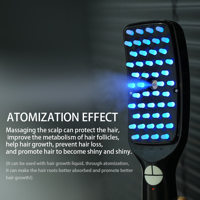 Black LED Therapy Scalp Massager Comb - Red & Blue Light Vibrating Brush with Nano Mist Sprayer for Hair Health