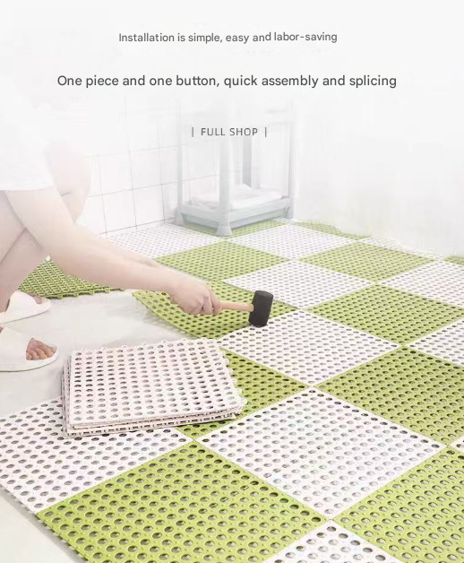 White And Yellow DIY Interlocking Non-Slip Floor Tiles - 18-Pack PVC Drainage Mat for Shower & Bathroom Safety
