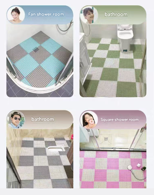 White And Grey DIY Interlocking Non-Slip Floor Tiles - 12-Pack PVC Drainage Mat for Shower & Bathroom Safety