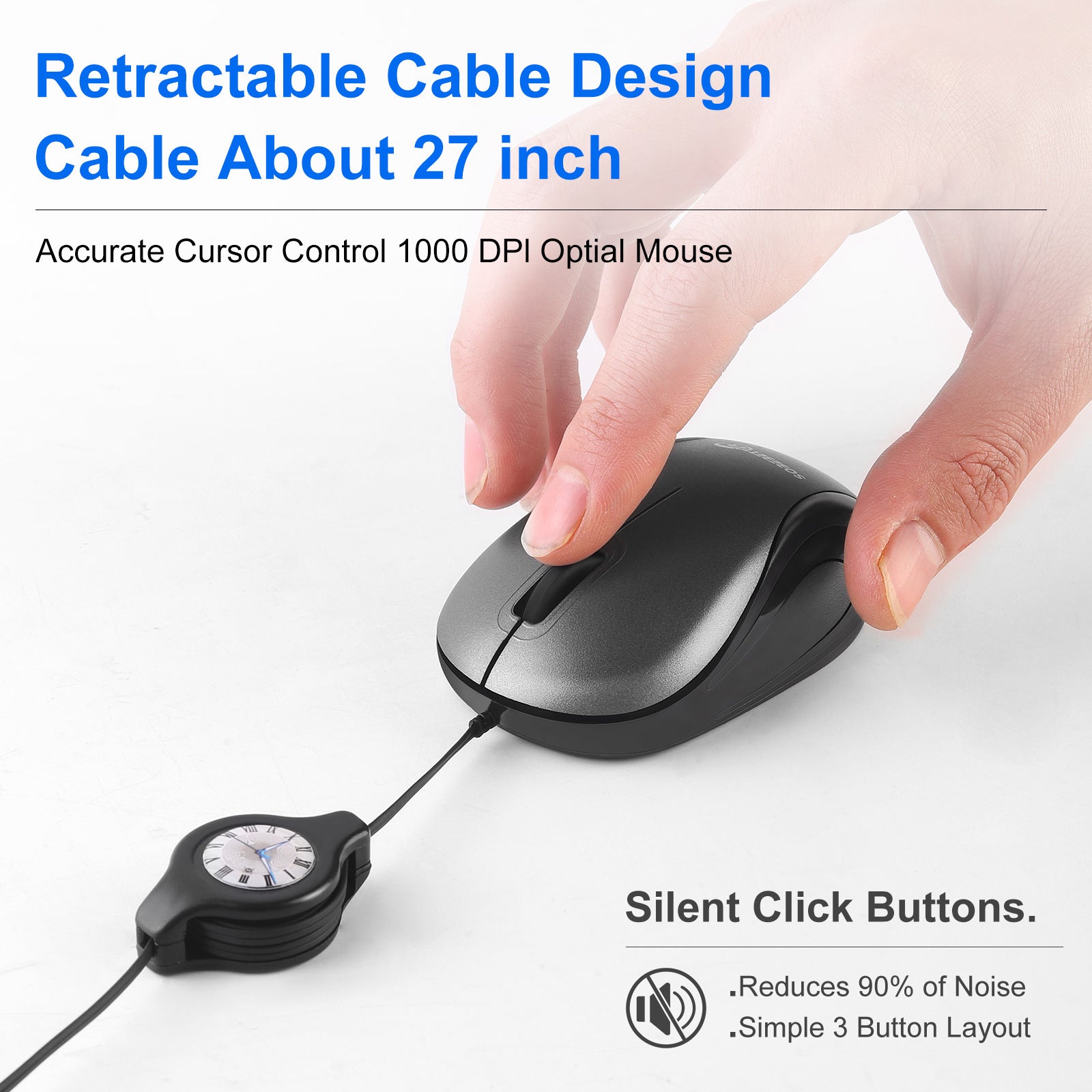 Grey and Black Portable Mini USB Mouse with Retractable Cable - Compact Travel Mouse for PC and Laptop