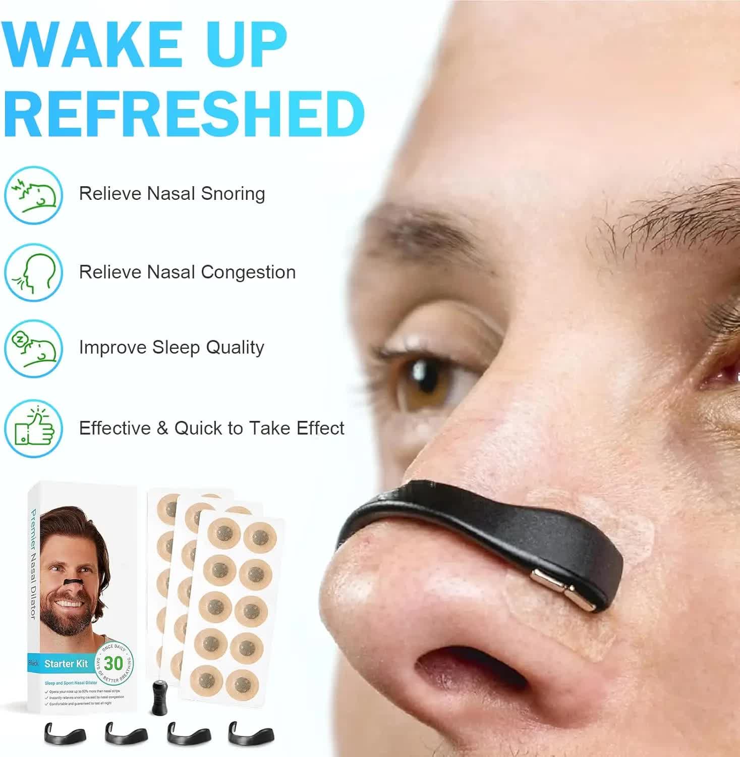 Black Square Anti-snoring Patch Set 30 Pairs of patches Magnetic Nasal Dilator Kit for Snoring Relief - Reusable Multi-Size Sleep & Sport Breathing Aid