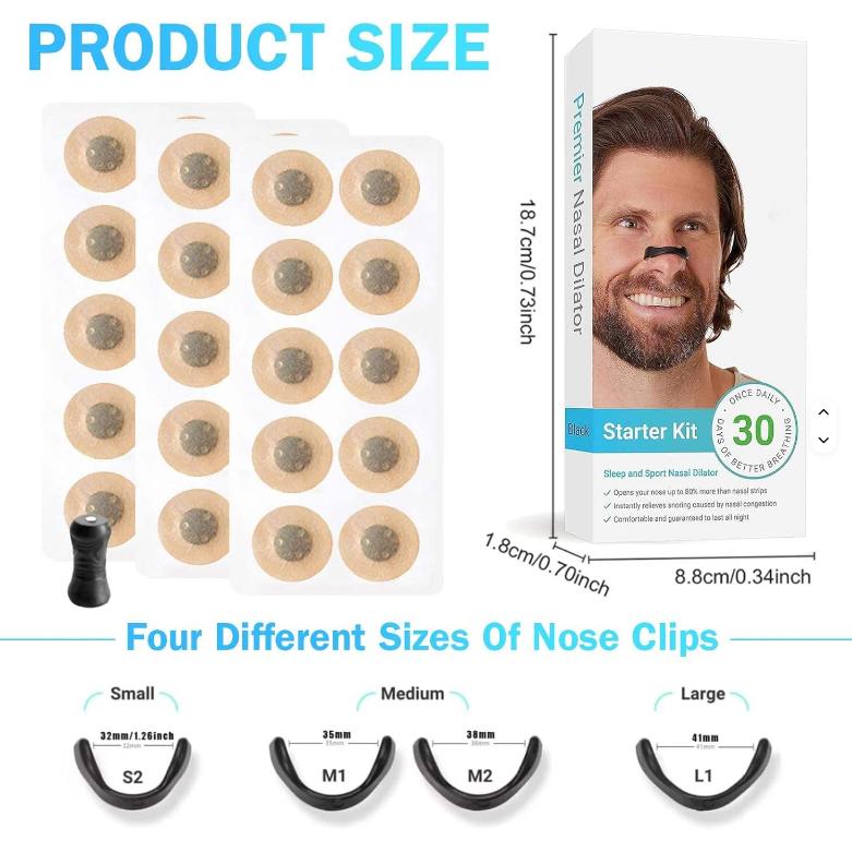 Black Square Anti-snoring Patch Set 30 Pairs of patches Magnetic Nasal Dilator Kit for Snoring Relief - Reusable Multi-Size Sleep & Sport Breathing Aid