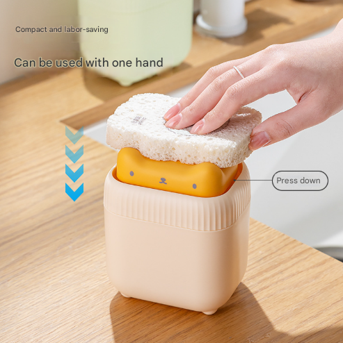 2 Pcs Green + Yellow Cute Cat Press-to-Dispense Soap Pump & Sponge Caddy for Kitchen Sink