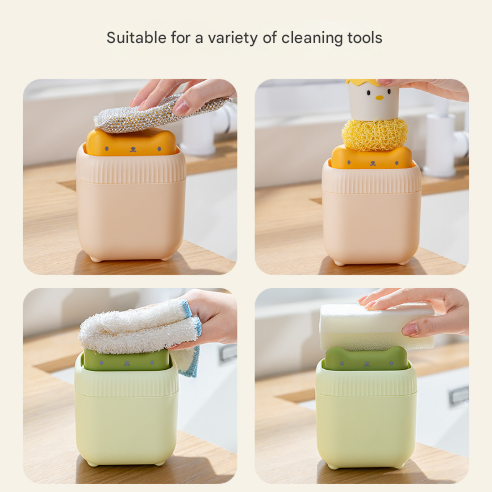 2 Pcs Green + Yellow Cute Cat Press-to-Dispense Soap Pump & Sponge Caddy for Kitchen Sink