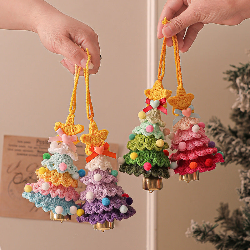 2 Pcs Style B Yellow and Purple Handmade Crochet Christmas Tree Ornament - Festive Hanging Decoration with Jingle Bell