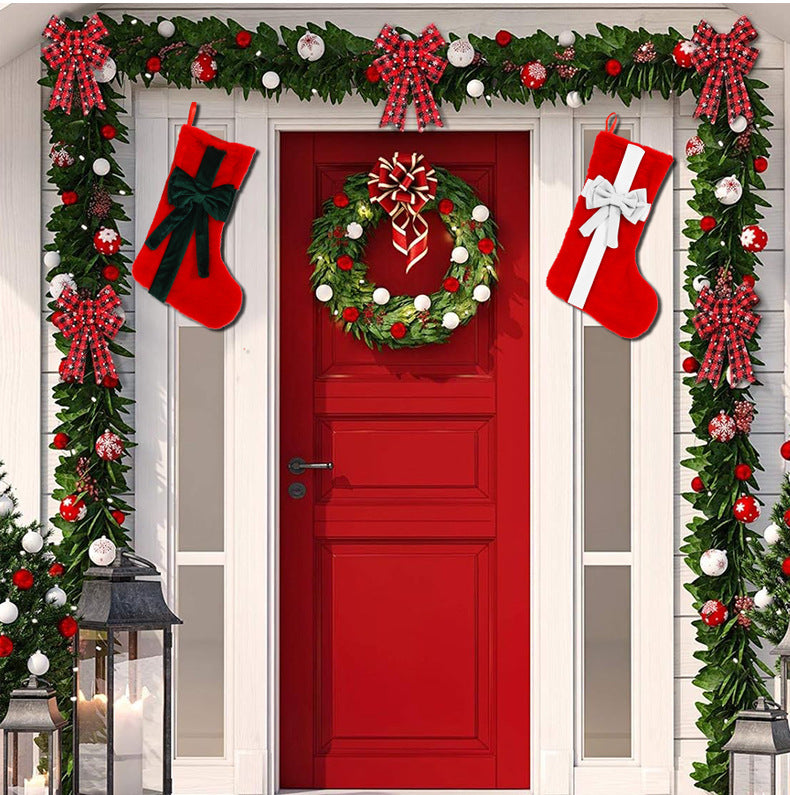 2 Pcs White Stitching Red Bow Luxurious Velvet Christmas Stocking with Elegant Bow - Large 45cm Holiday Mantel Decoration