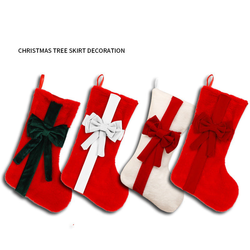 2 Pcs White Stitching Red Bow Luxurious Velvet Christmas Stocking with Elegant Bow - Large 45cm Holiday Mantel Decoration