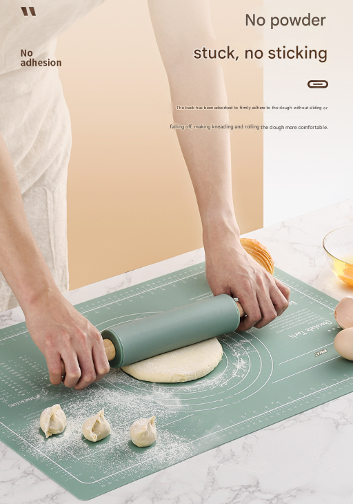 Dark Blue 3-Piece Silicone Baking Set - Non-Stick Pastry Mat with Measurements, Rolling Pin & Dough Scraper