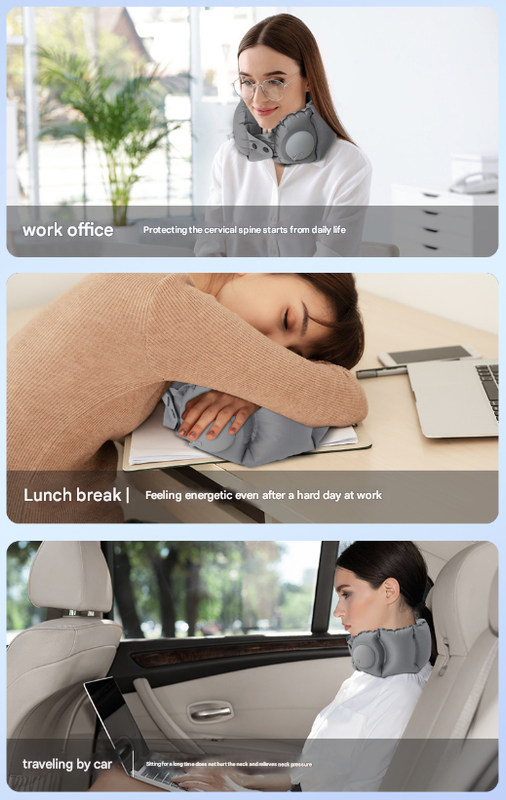 Light Grey Press-Pump Inflatable Travel Pillow - Ultra-Lightweight Ergonomic 360° Neck Support