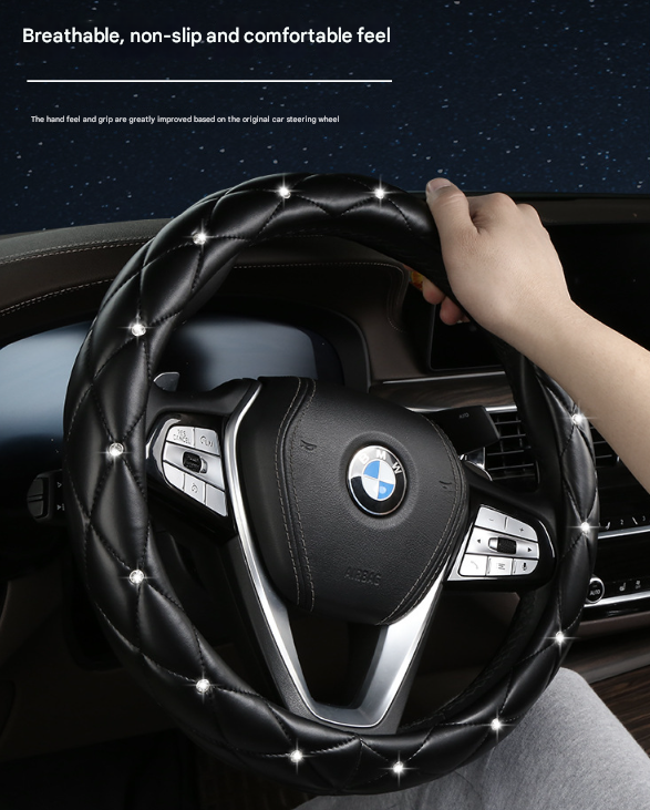 Black and White Luxury Bling Steering Wheel Cover - Black Quilted Leather with Crystal Rhinestones, Universal 38cm Fit