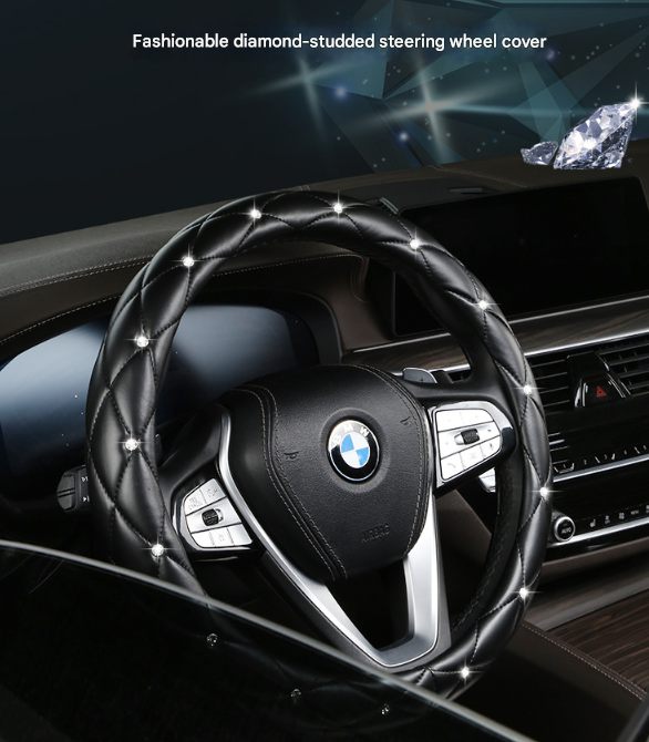 Black and Red Luxury Bling Steering Wheel Cover - Black Quilted Leather with Crystal Rhinestones, Universal 38cm Fit