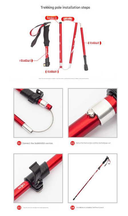 Long Red Ultralight Foldable Hiking Pole - Adjustable Aluminium Trekking Stick with EVA Grip for Outdoor Walking & Climbing