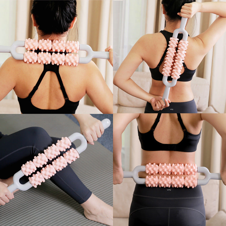 Yellow and Grey Dual Row Spiky Muscle Roller Stick - Deep Tissue Massager for Back and Leg Recovery