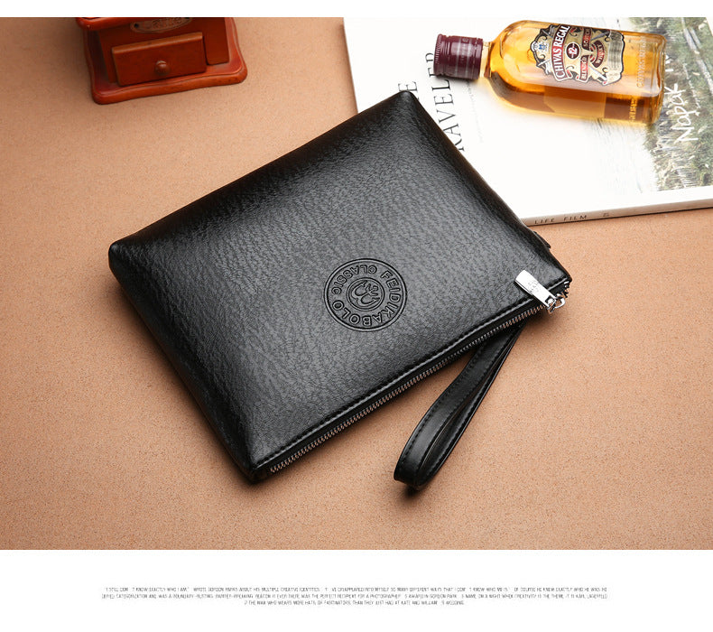 Black Classic Men's PU Leather Clutch Bag - Slim Business Wristlet & Travel Pouch