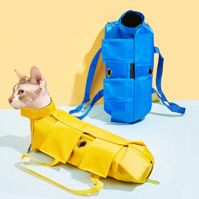 Size M Blue Multi-Functional Cat Grooming Bag - Anti-Scratch Restraint Pouch for Nail Trimming and Vet Visits