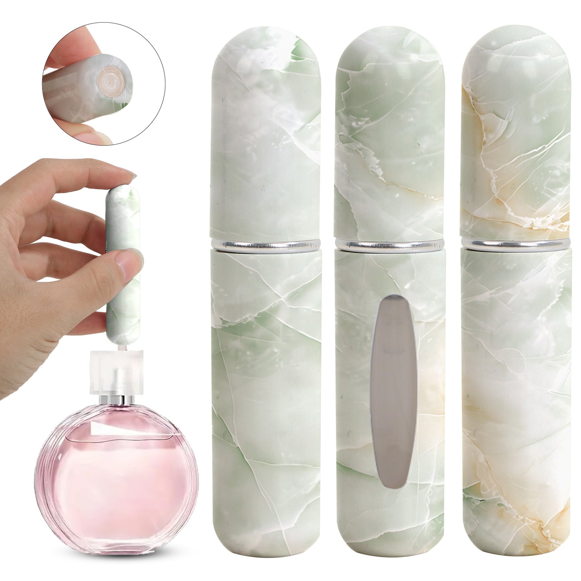 Light Green Chic Marble Travel Perfume Atomizer Set 3-Pack - 5ml Leakproof Bottom-Fill Spray Bottles