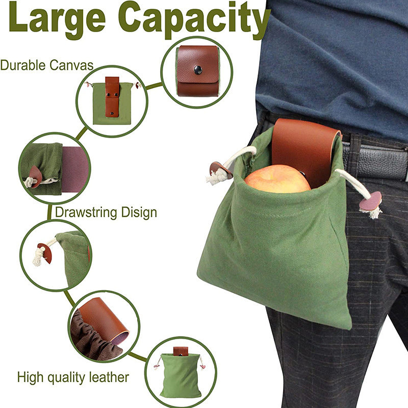 Green Collapsible Canvas Foraging Pouch - Hands-Free Belt Bag for Hiking & Camping Activities