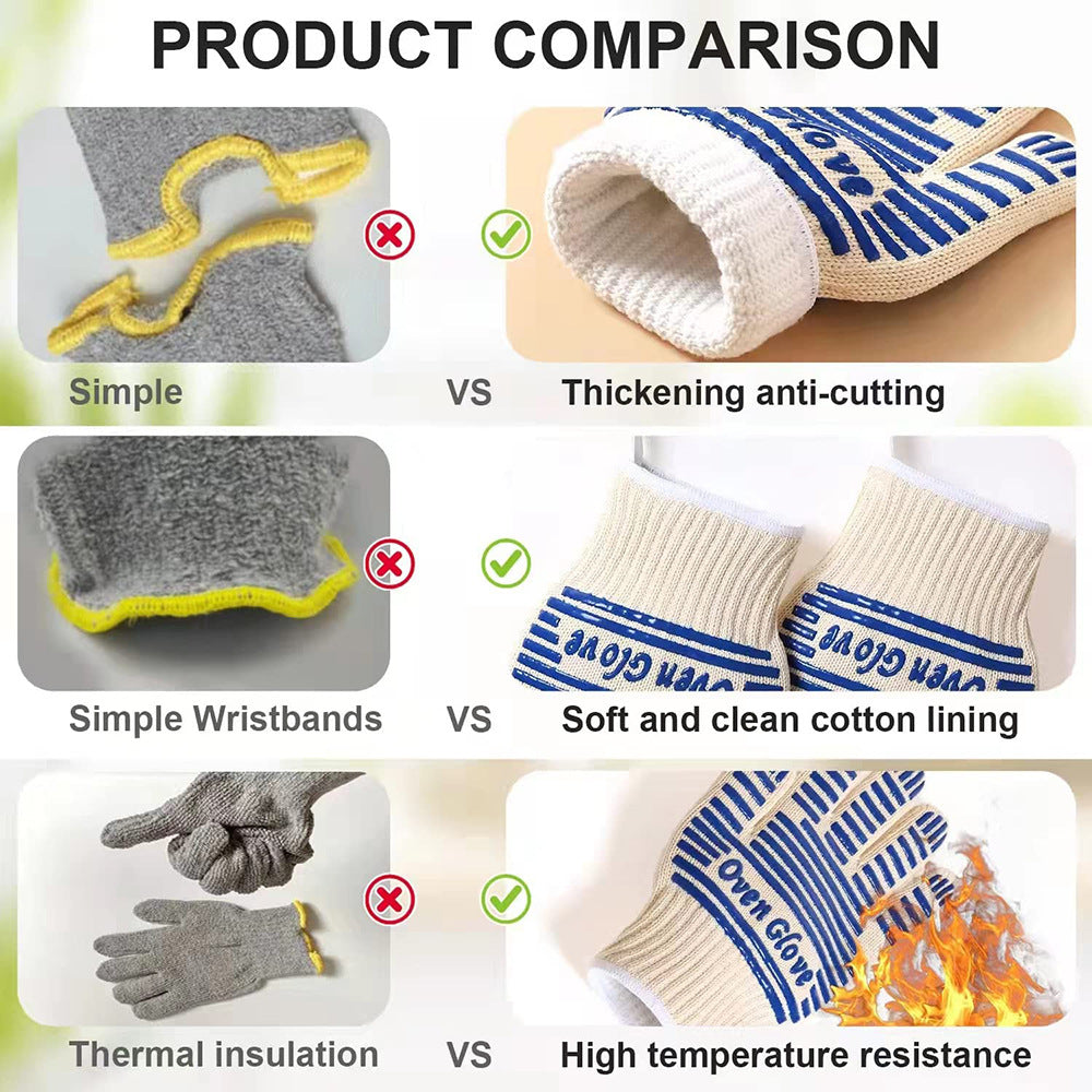 Blue and White Extreme Heat Resistant BBQ Gloves - Cut-Resistant Oven Mitts with Non-Slip Silicone Grip